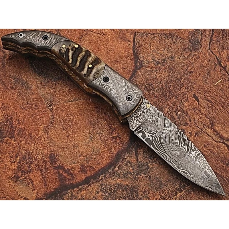 Luxury Handmade Damascus Folding Knife Horn Handle Modern Style With Dual Damascus Bolsters Perf 2