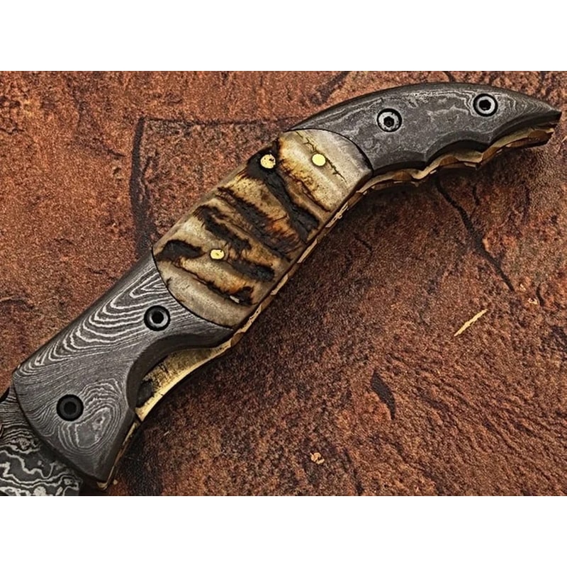 Luxury Handmade Damascus Folding Knife Horn Handle Modern Style With Dual Damascus Bolsters Perf 3