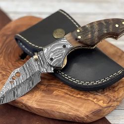 luxury handmade damascus folding knife – ram horn handle with leather sheath