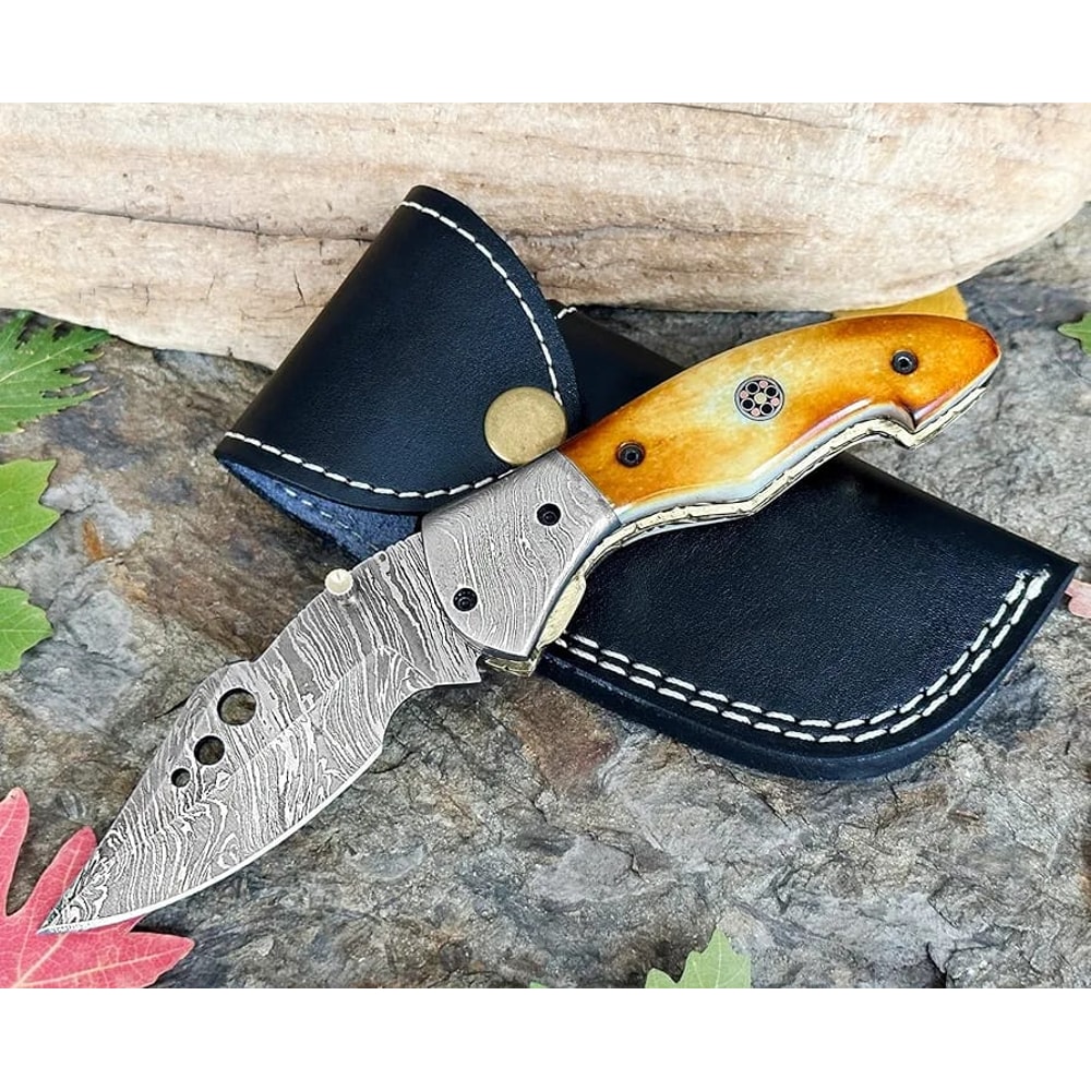 Luxury Handmade Damascus Folding Knife Camel Bone Handle Leather Sheath 0
