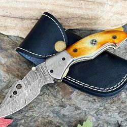 luxury handmade damascus folding knife – camel bone handle & leather sheath