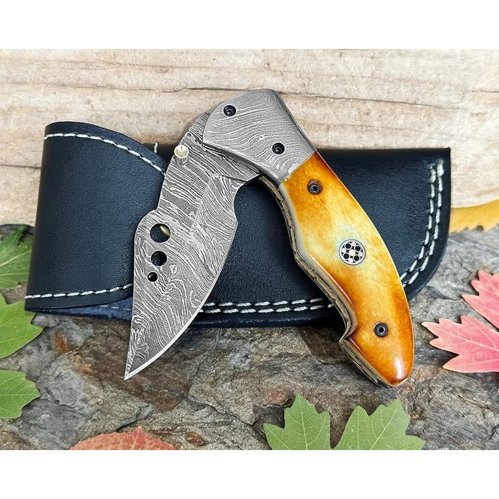 Luxury Handmade Damascus Folding Knife Camel Bone Handle Leather Sheath 1