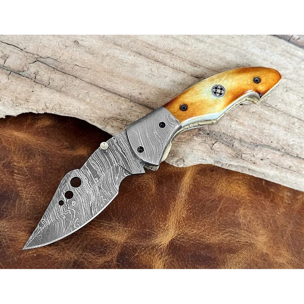 Luxury Handmade Damascus Folding Knife Camel Bone Handle Leather Sheath 2