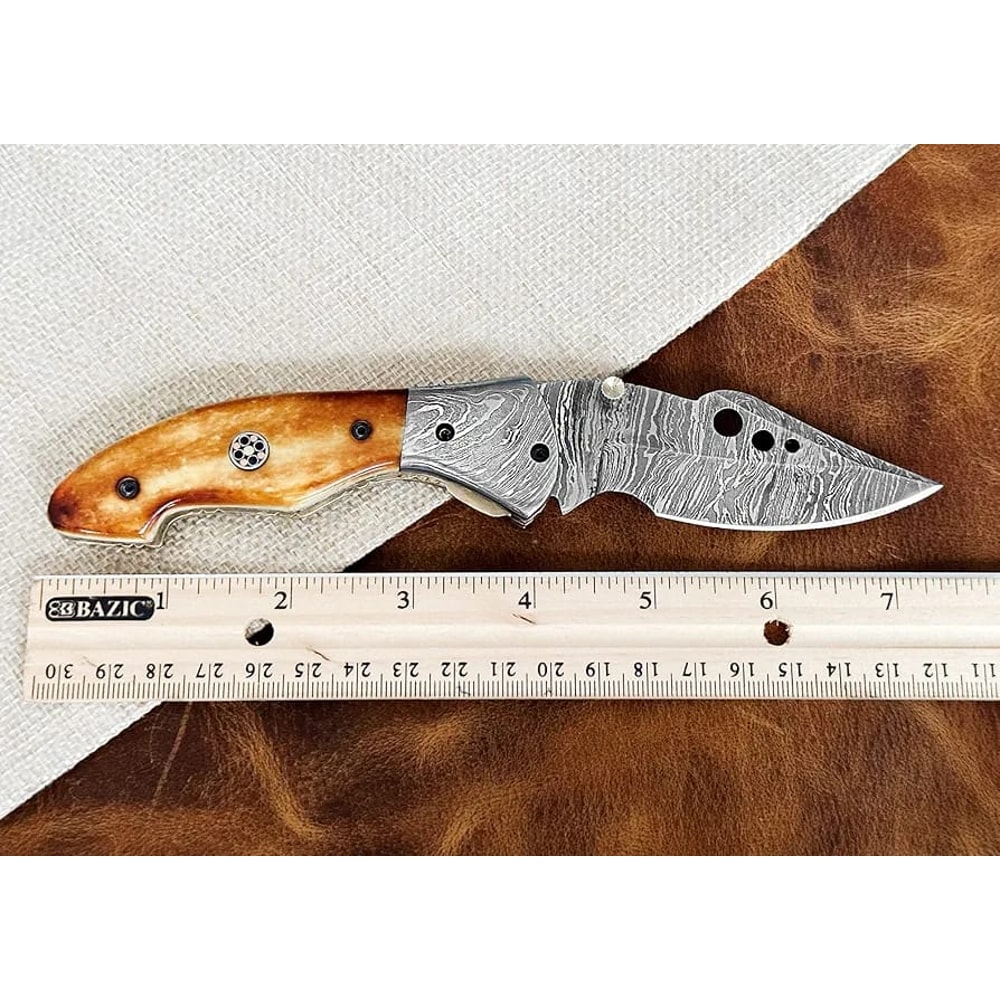 Luxury Handmade Damascus Folding Knife Camel Bone Handle Leather Sheath 3