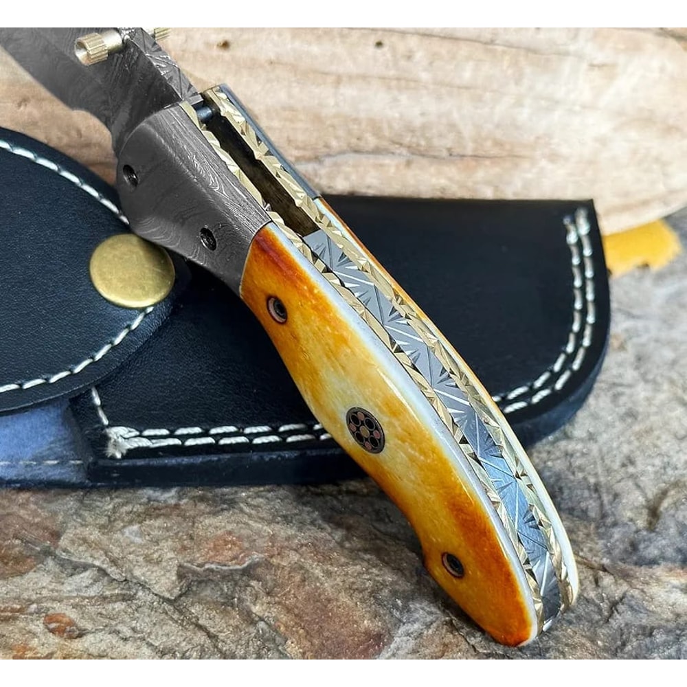 Luxury Handmade Damascus Folding Knife Camel Bone Handle Leather Sheath 4