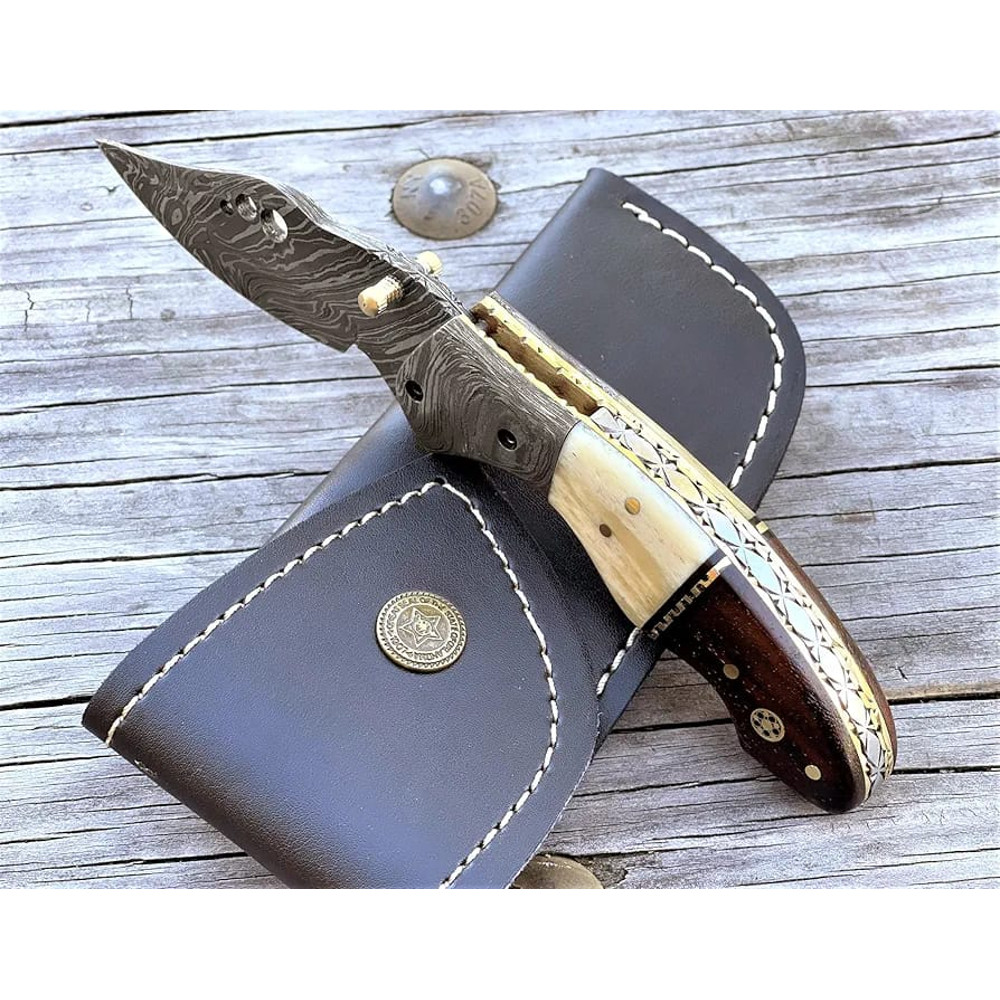 Damascus Steel Folding Pocket Knife With Leather Sheath Handmade 75 Inch Hunting Knife Camel Bone A 1