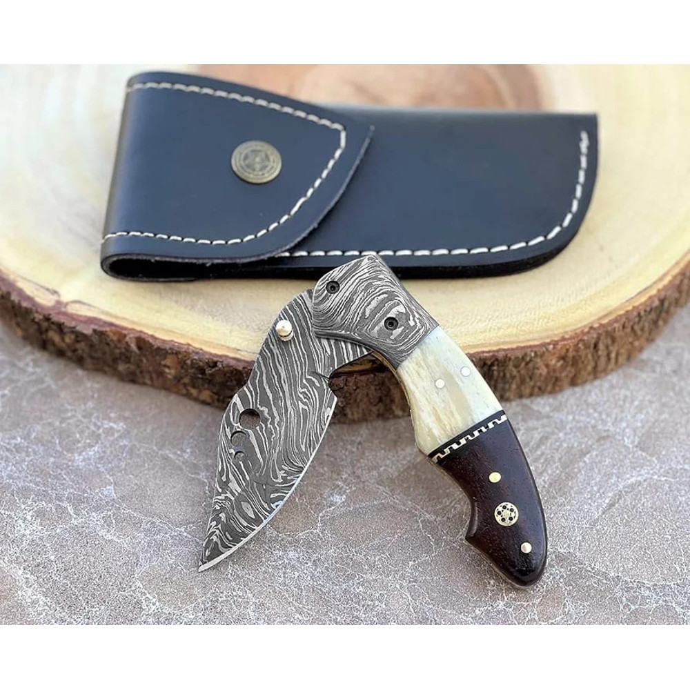 Damascus Steel Folding Pocket Knife With Leather Sheath Handmade 75 Inch Hunting Knife Camel Bone A 2