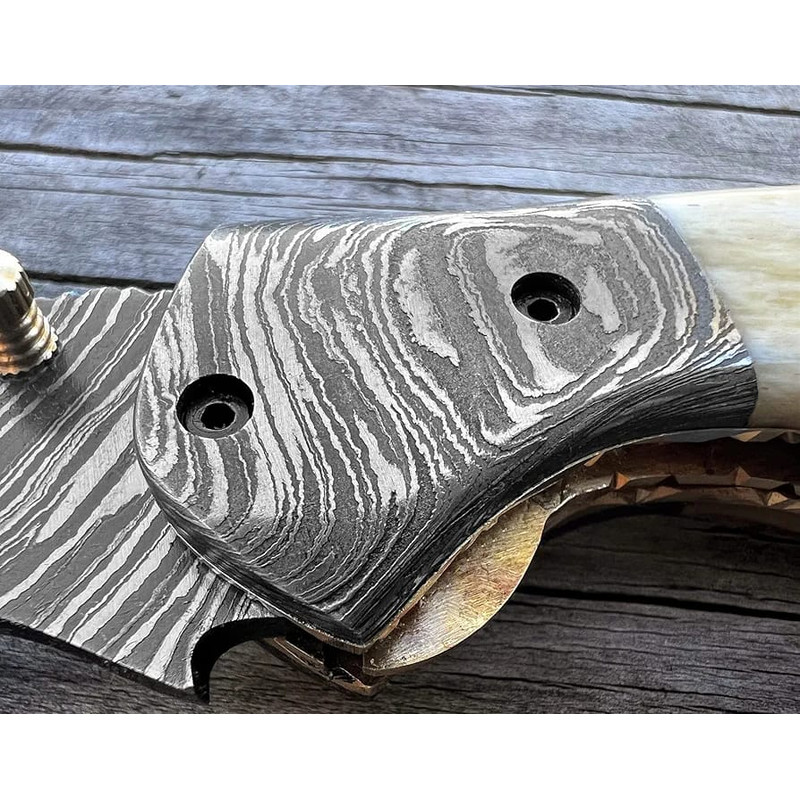Damascus Steel Folding Pocket Knife With Leather Sheath Handmade 75 Inch Hunting Knife Camel Bone A 5