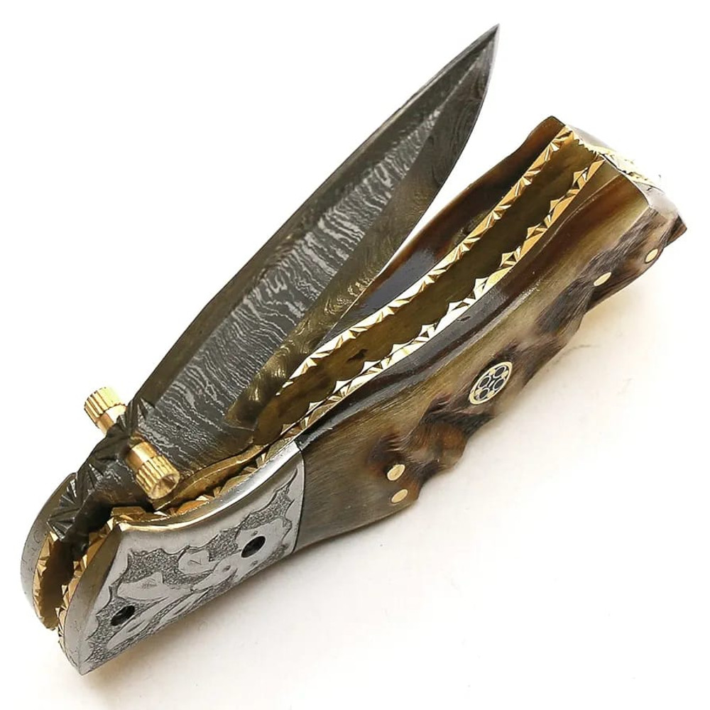 Handmade Damascus Folding Pocket Knife With Leather Sheath Ram Horn Handle And Custom Forged Bolste 1
