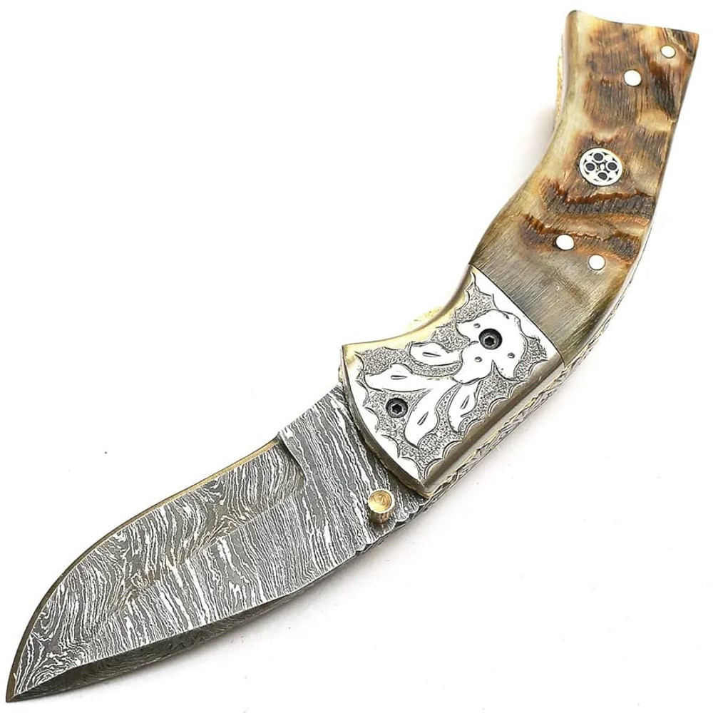 Handmade Damascus Folding Pocket Knife With Leather Sheath Ram Horn Handle And Custom Forged Bolste 2