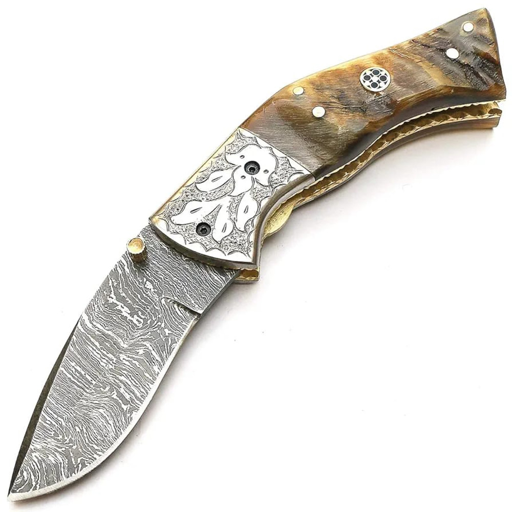 Handmade Damascus Folding Pocket Knife With Leather Sheath Ram Horn Handle And Custom Forged Bolste 3