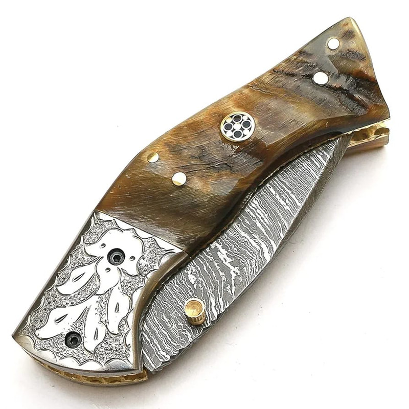 Handmade Damascus Folding Pocket Knife With Leather Sheath Ram Horn Handle And Custom Forged Bolste 4