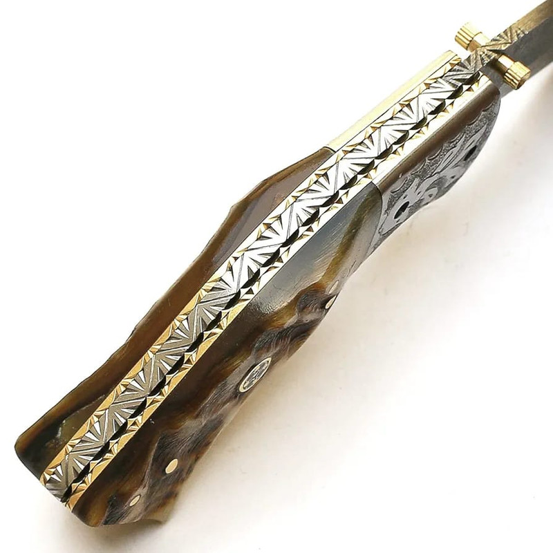 Handmade Damascus Folding Pocket Knife With Leather Sheath Ram Horn Handle And Custom Forged Bolste 5