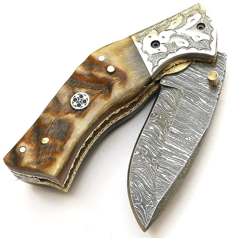 Handmade Damascus Folding Pocket Knife With Leather Sheath Ram Horn Handle And Custom Forged Bolste 6