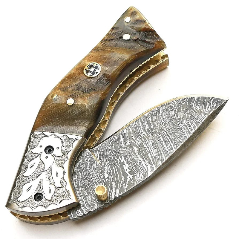 Handmade Damascus Folding Pocket Knife With Leather Sheath Ram Horn Handle And Custom Forged Bolste 7