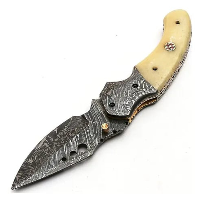Damascus Steel Folding Knife 74 Inch Camel Bone Handle Handmade Pocket Knife With Leather Sheath Fo 0