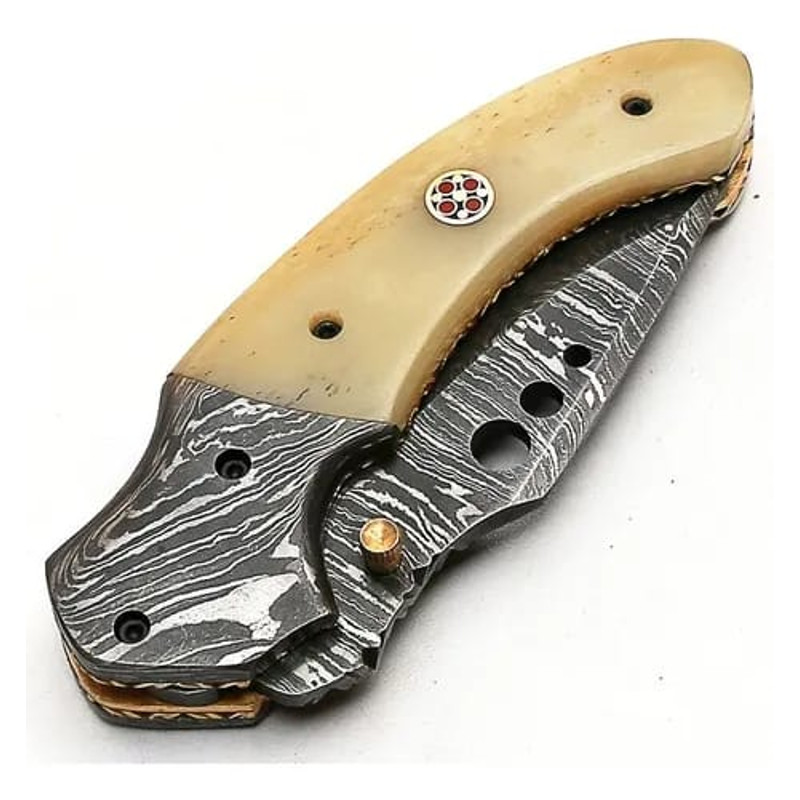 Damascus Steel Folding Knife 74 Inch Camel Bone Handle Handmade Pocket Knife With Leather Sheath Fo 1