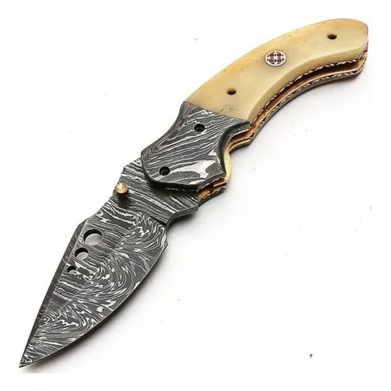 Damascus Steel Folding Knife 74 Inch Camel Bone Handle Handmade Pocket Knife With Leather Sheath Fo 2