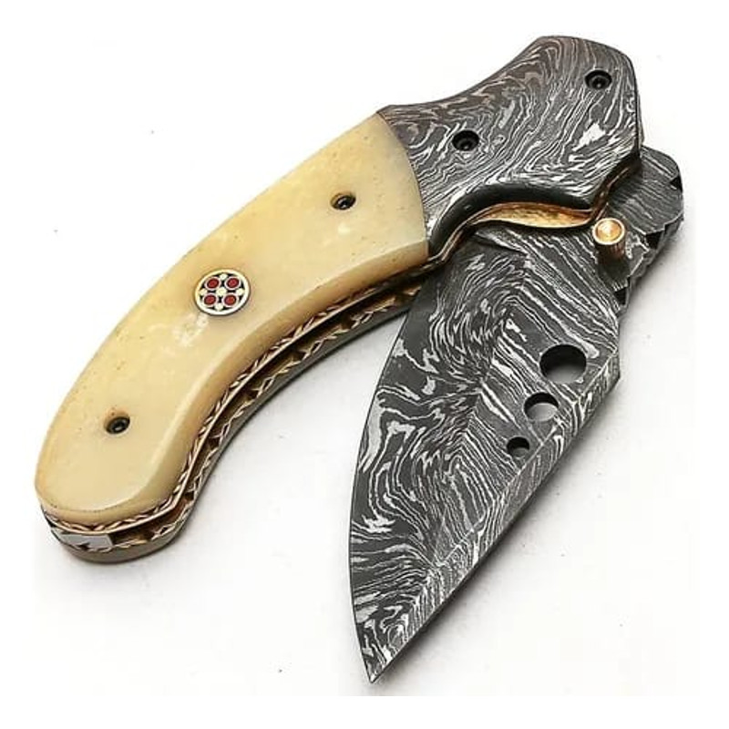 Damascus Steel Folding Knife 74 Inch Camel Bone Handle Handmade Pocket Knife With Leather Sheath Fo 3