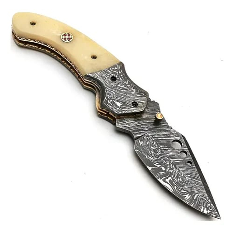 Damascus Steel Folding Knife 74 Inch Camel Bone Handle Handmade Pocket Knife With Leather Sheath Fo 4