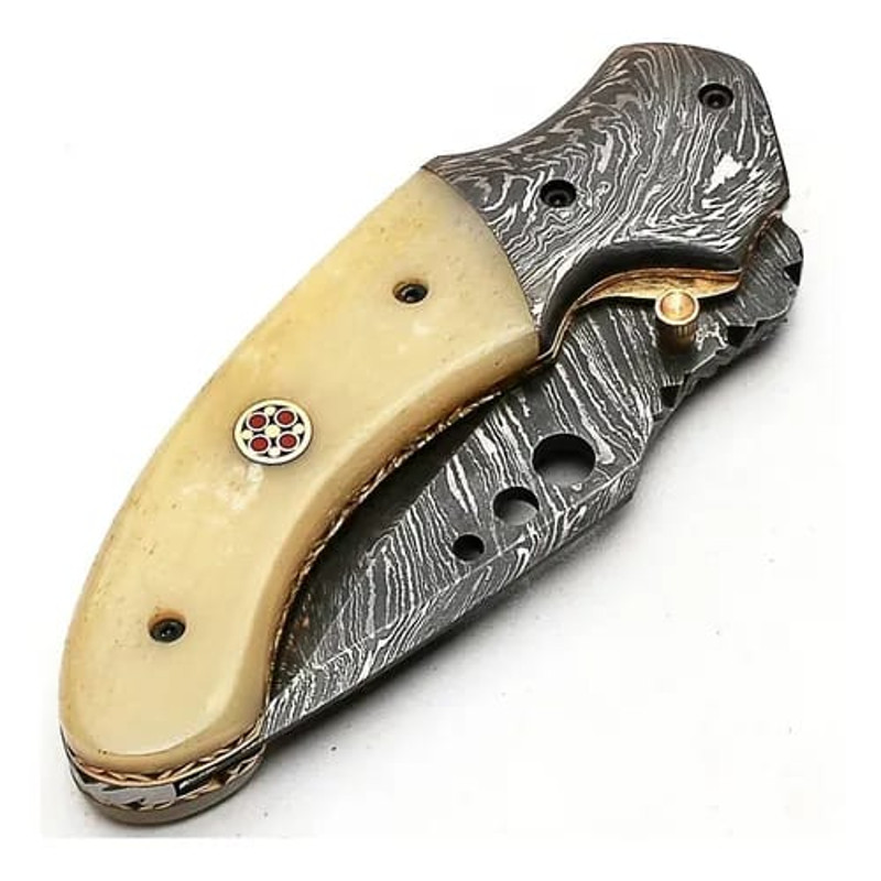 Damascus Steel Folding Knife 74 Inch Camel Bone Handle Handmade Pocket Knife With Leather Sheath Fo 5