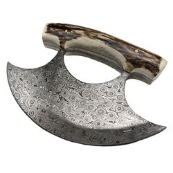 custom handmade damascus ulu knife 5 inch blade stag horn handle personalized gift