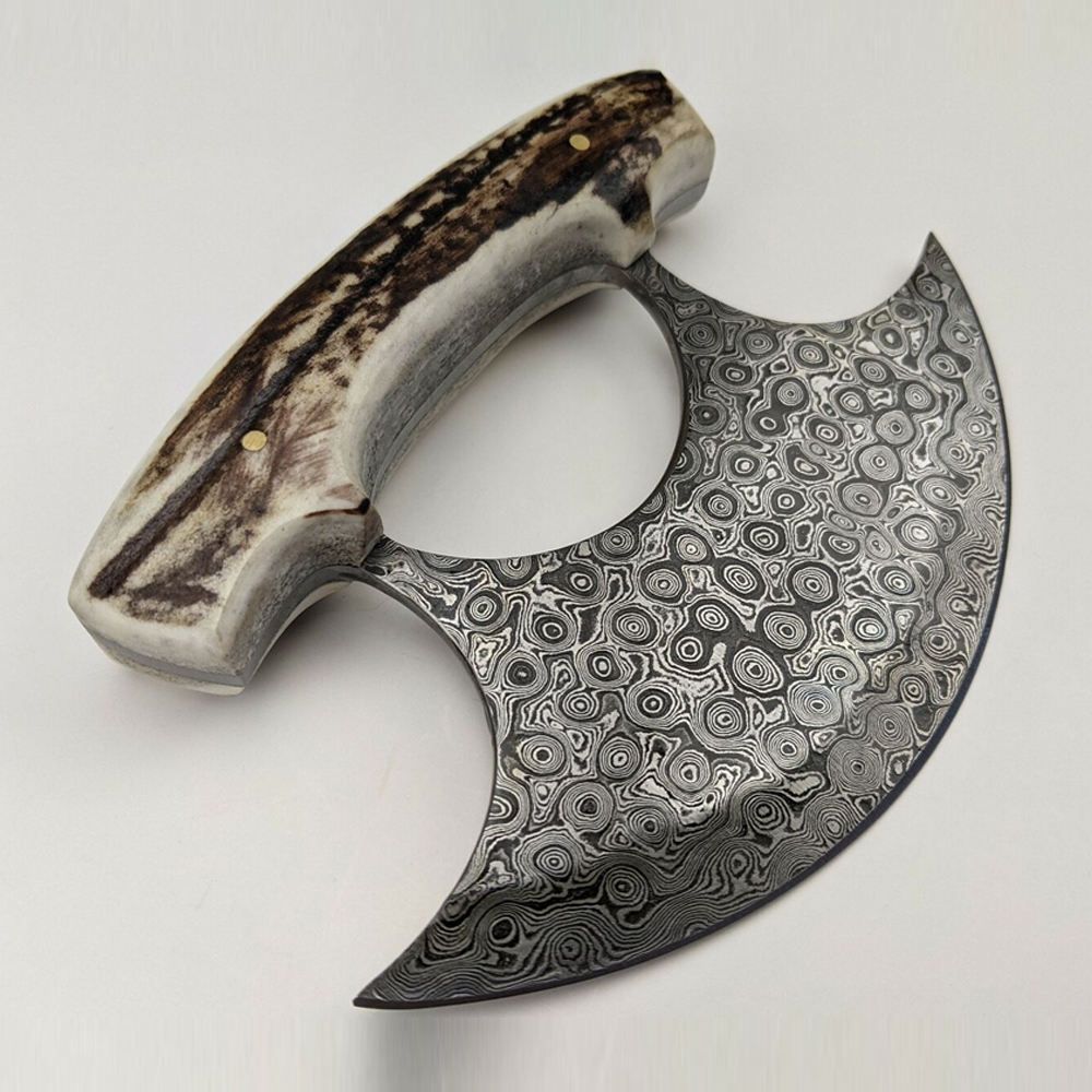 Custom Handmade Damascus Ulu Knife 5 Inch Blade Stag Horn Handle Personalized Gift 2