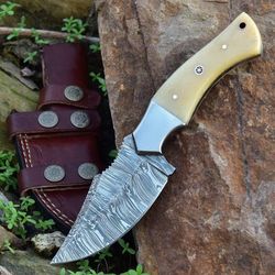 handmade damascus steel skinning & camping knife – 10" overall, 5" camel bone handle with steel bolster – premium outdoo