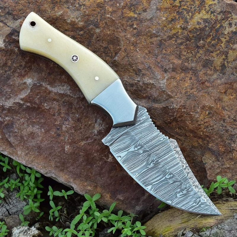 Handmade Damascus Steel Skinning  Camping Knife  10 Overall 5 Camel Bone Handle With Steel Bolster  2