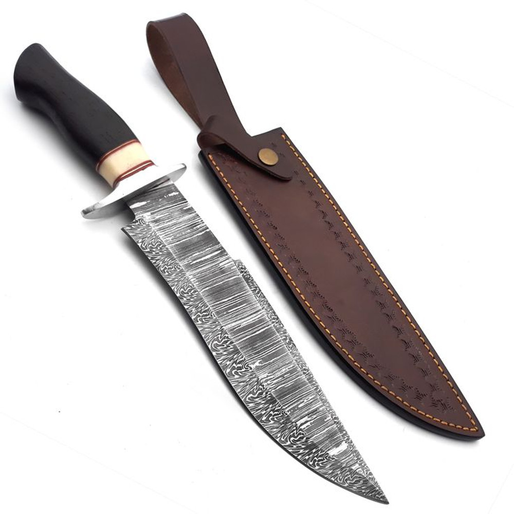 Handmade 14 Inch Damascus Steel Bowie Knife With Camel Bone  Wenge Wood Handle And Leather Sheath 0