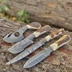 handmade 4 piece damascus steel knives set with stag horn handles