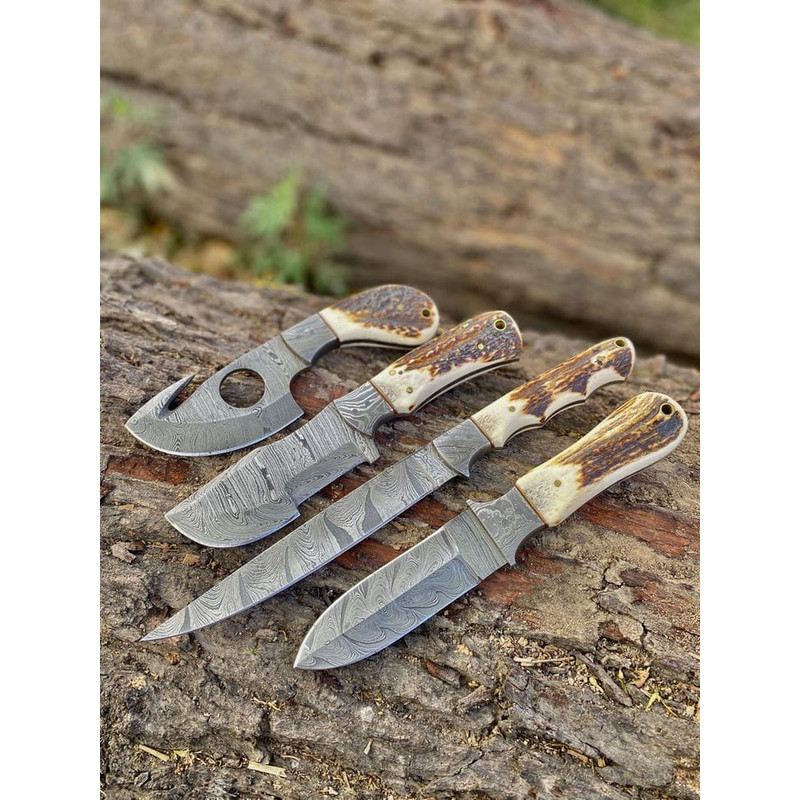 Handmade 4 Piece Damascus Steel Knives Set With Stag Horn Handles 0