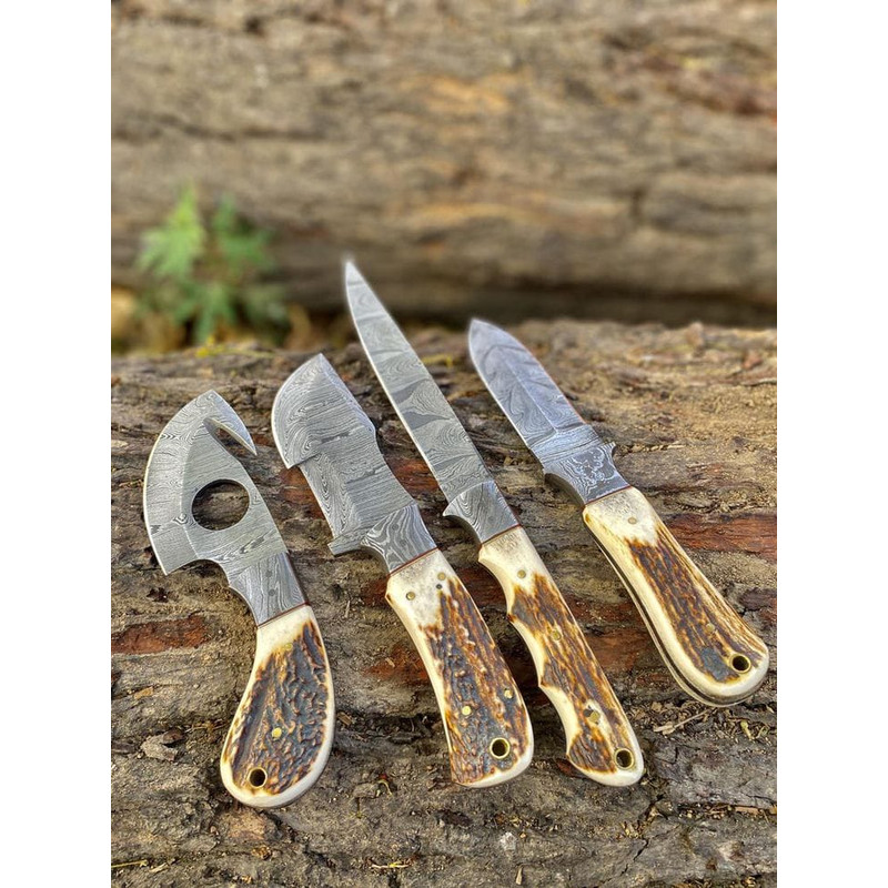 Handmade 4 Piece Damascus Steel Knives Set With Stag Horn Handles 1