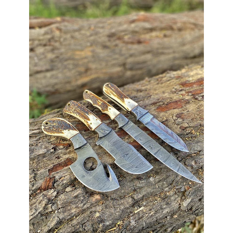 Handmade 4 Piece Damascus Steel Knives Set With Stag Horn Handles 2