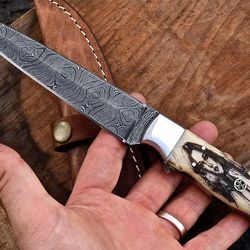 handmade 11 inch damascus steel knife with camel bone handle and leather sheath