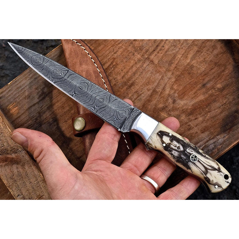 Handmade 11 Inch Damascus Steel Knife With Camel Bone Handle And Leather Sheath 0