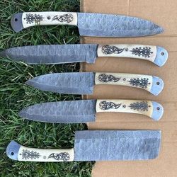custom handmade damascus steel 5-piece chef knife set with camel bone handles – luxury kitchen masterpiece