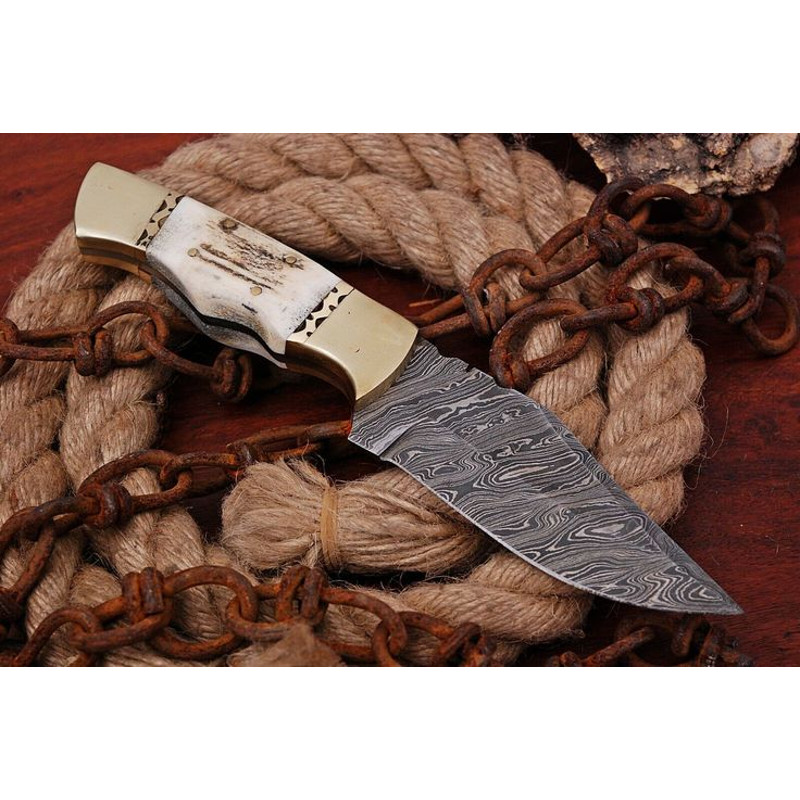 Handmade Twist Damascus Hunting Skinning Knife  Natural Sambar Stag Handle With Brass Bolsters  Fre 0