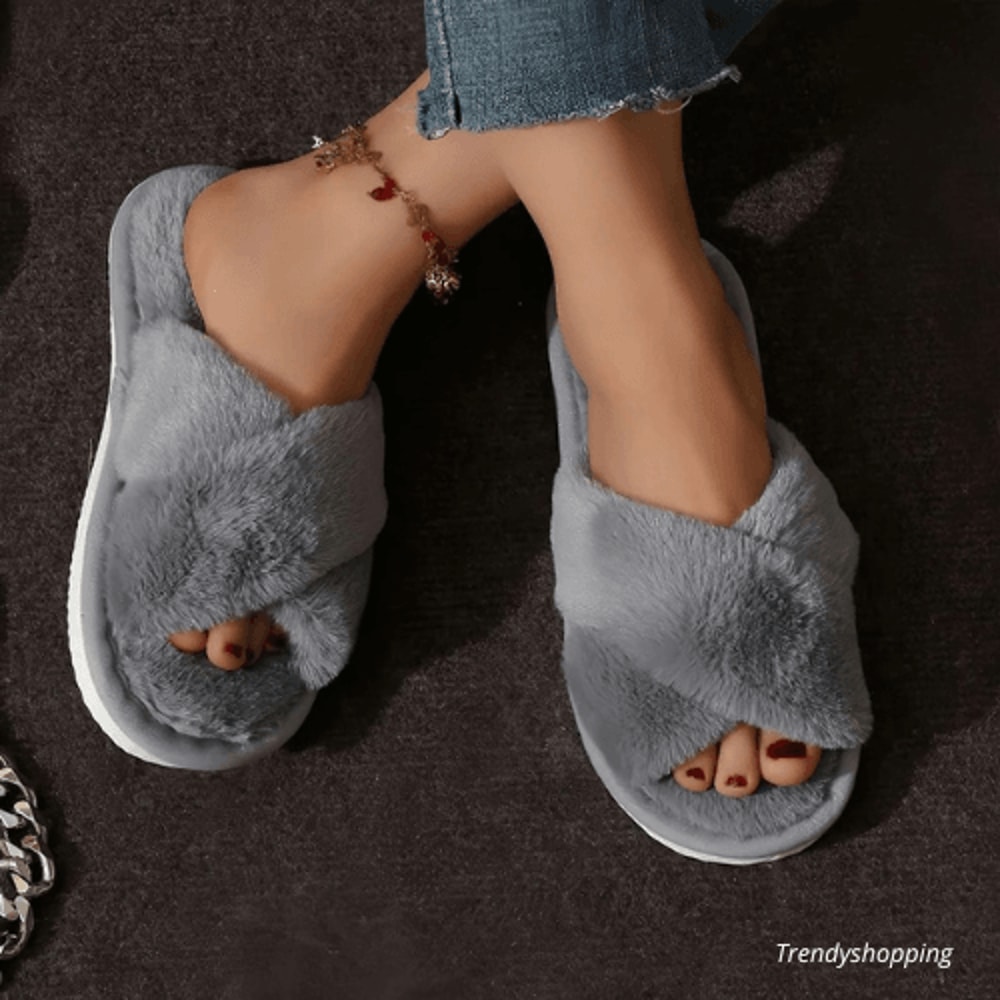 Womens Fluffy Fur Crossshaped Slippers Entirely Handmade 1