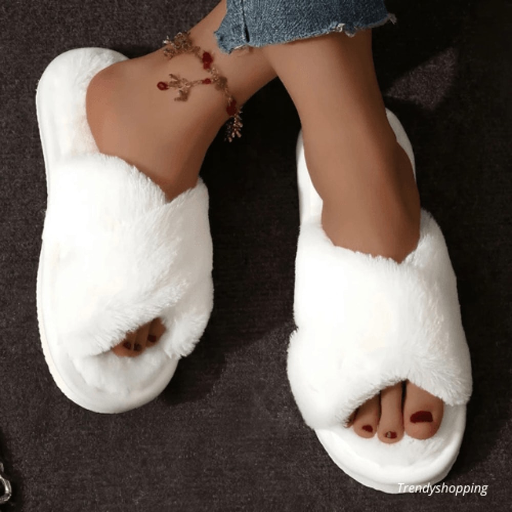 Womens Fluffy Fur Crossshaped Slippers Entirely Handmade 3