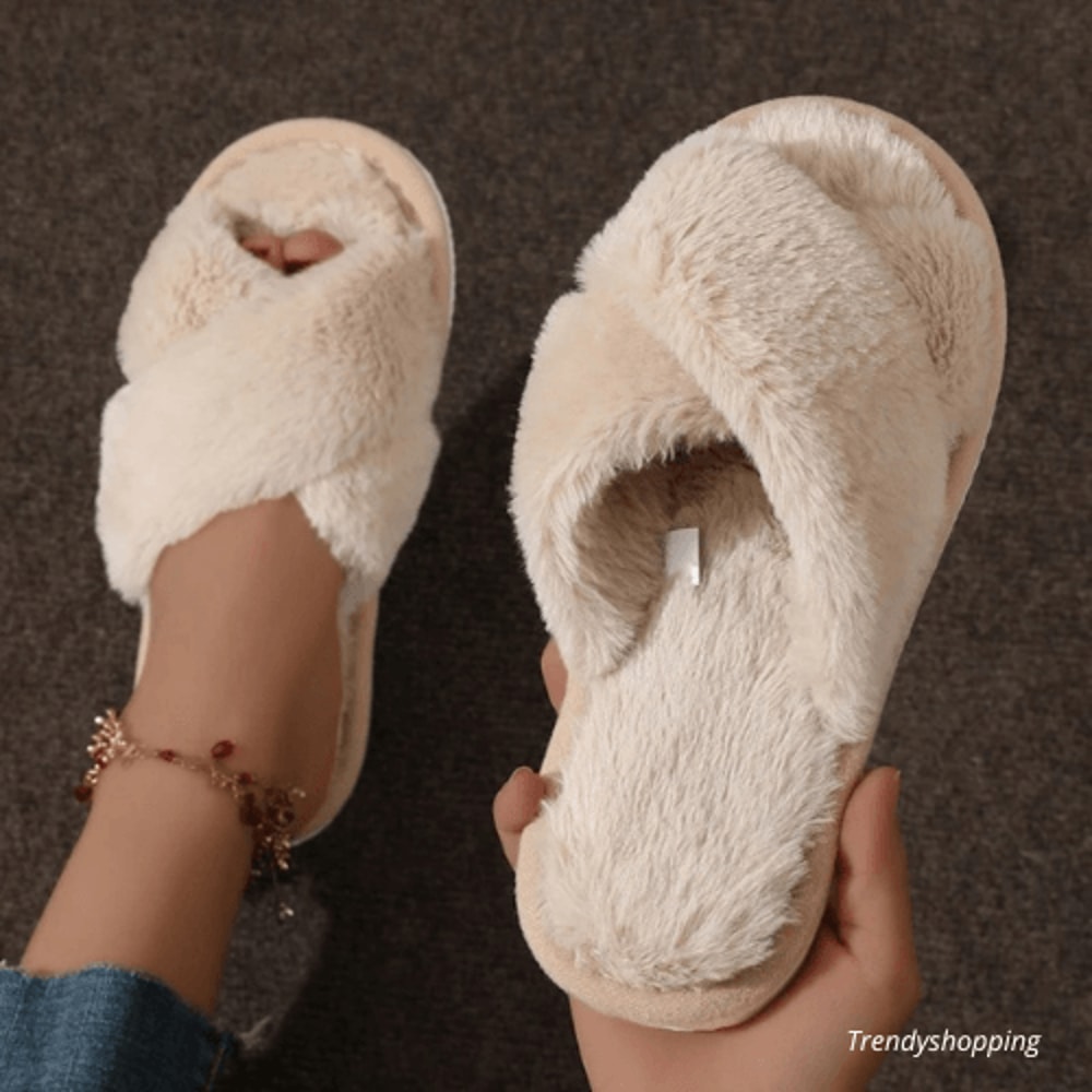 Womens Fluffy Fur Crossshaped Slippers Entirely Handmade 2