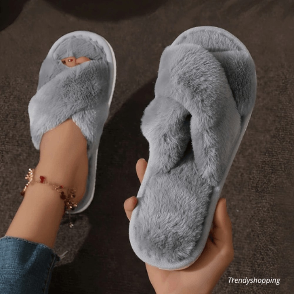 Womens Fluffy Fur Crossshaped Slippers Entirely Handmade 4
