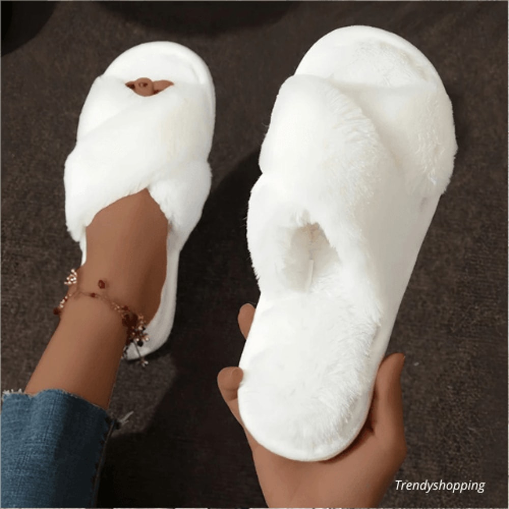 Womens Fluffy Fur Crossshaped Slippers Entirely Handmade 0