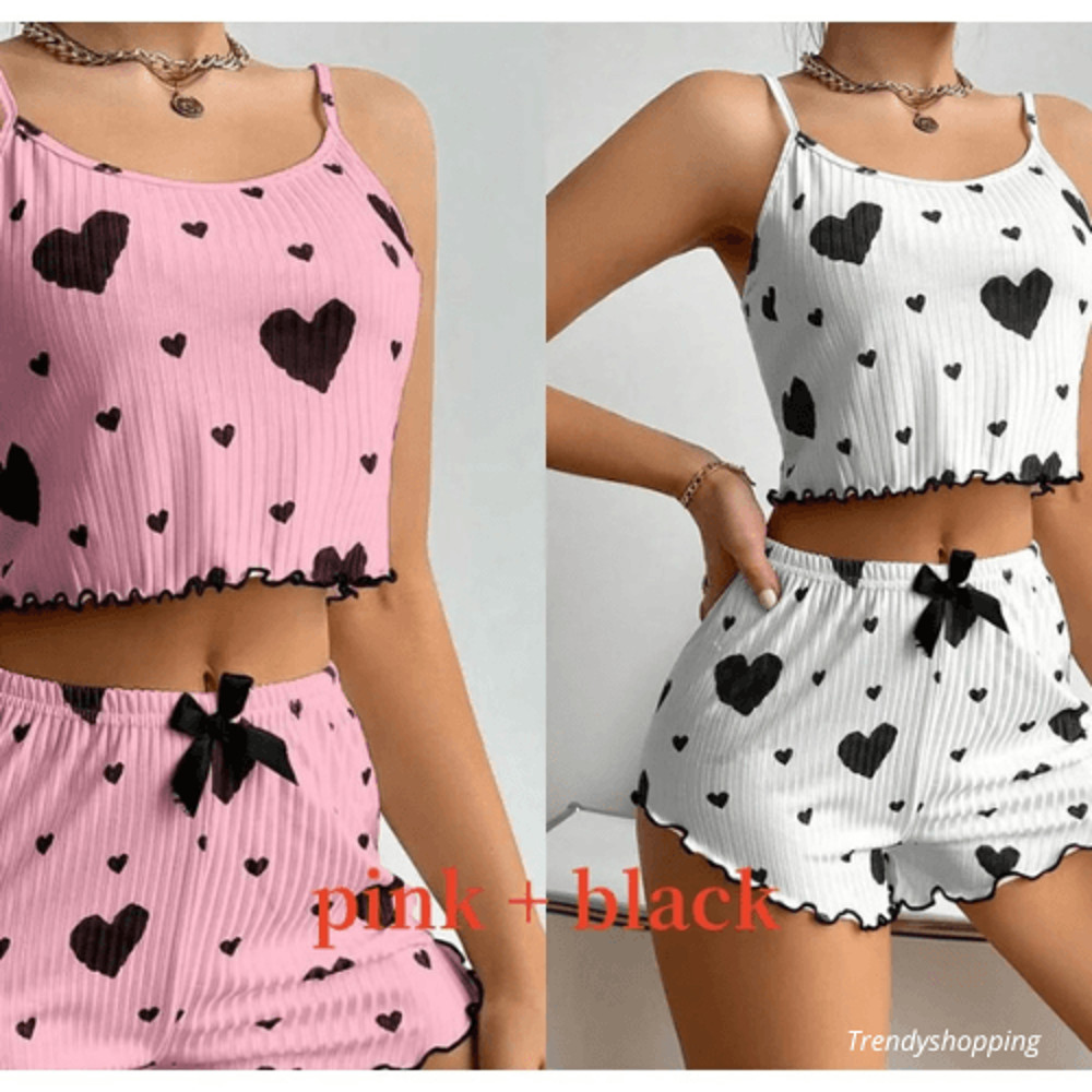 Womens Love Heart Pajamas Set Homemade Short Sleepwear 4