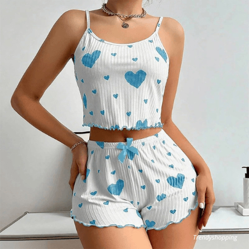 Womens Love Heart Pajamas Set Homemade Short Sleepwear 1