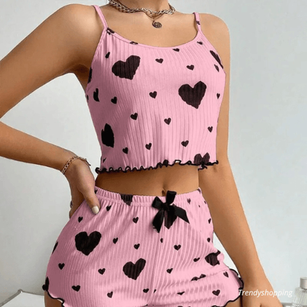 Womens Love Heart Pajamas Set Homemade Short Sleepwear 3