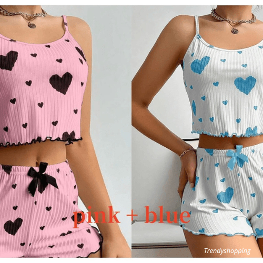 Womens Love Heart Pajamas Set Homemade Short Sleepwear 13