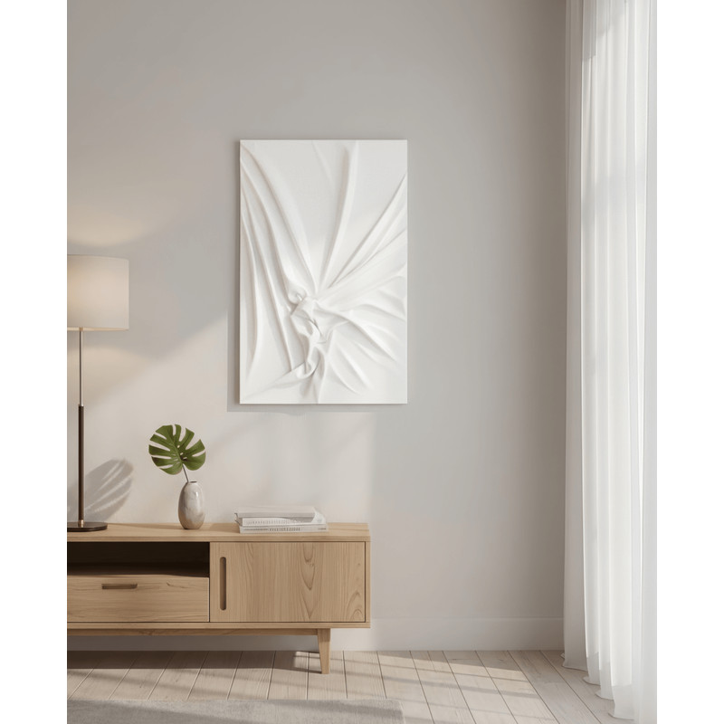 Minimalist Draped Fabric 3D Relief White Textured Wall Art On Wood Panel Ready To Hang 1