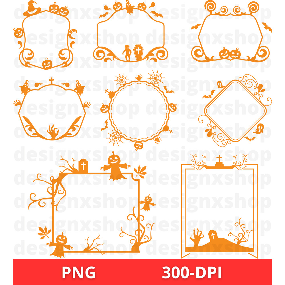 Halloween Frames Clipart Spooky Pumpkin PNG Bundle Digital Download 8
