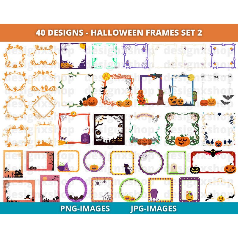 Halloween Frames Clipart Spooky Pumpkin PNG Bundle Digital Download 0